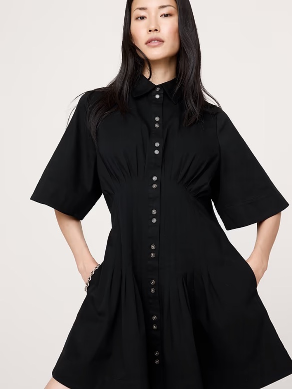 Banana Republic stretch black button-front stretch poplin dress -NWT